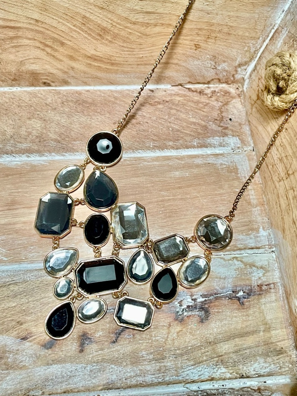 Gold Tone Black & Smoky Gray Multi-Stone Statement Bib Necklace